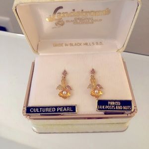 Black hills gold- gold pearl post dangle earrings for Mother’s Day